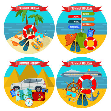 Set of summer holidays posters travelling by land and water concept.