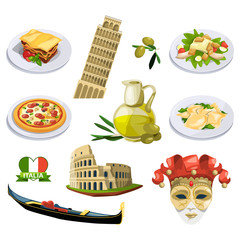 Different traditional elements and symbols of italy, venice. Travel vector illustrations in cartoon style