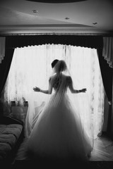 The beautiful bride stands near window