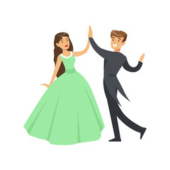 A woman in a ball dress and a man in a frock coat dancing ballroom dance colorful character vector Illustration