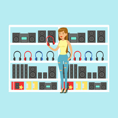 Young woman choosing headphones at tech store colorful vector Illustration