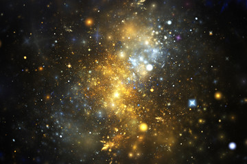Bright galaxy. Abstract golden and blue sparkles on black background. Fantasy fractal texture. Digital art. 3D rendering.