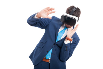 Male lawyer in suit with virtual reality glasses