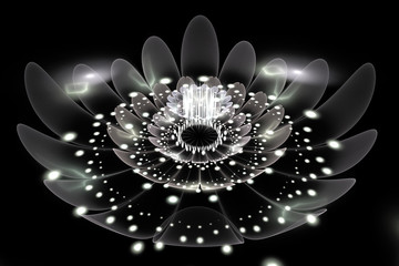 Abstract exotic flower with glowing sparkles on black background. Fantasy fractal design in grey colors. Psychedelic digital art. 3D rendering.