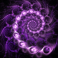 Abstract fantastic spiral design with purple metallic shapes on black background. Digital fractal artwork. 3D rendering.