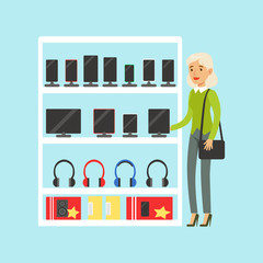 Young blond woman choosing digital tablet at appliance store colorful vector Illustration
