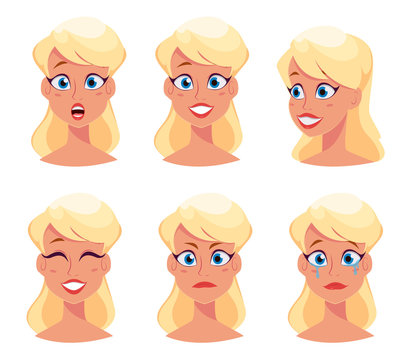 Young pretty woman, cute girl with different face expressions. Cartoon beautiful character. Avatar business woman. Vector illustration.