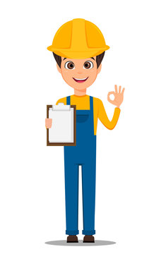 Constructor worker. Handsome builder holding clipboard and showing OK sign. Cute cartoon character. Vector illustration.