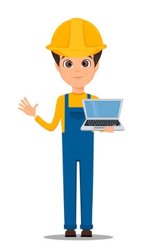 Constructor worker. Handsome builder holding laptop and showing hello gesture. Cute cartoon character. Vector illustration.