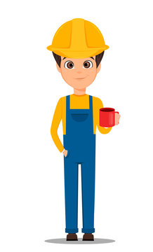 Constructor worker. Handsome builder holding cup of coffee. Cute cartoon character. Vector illustration.