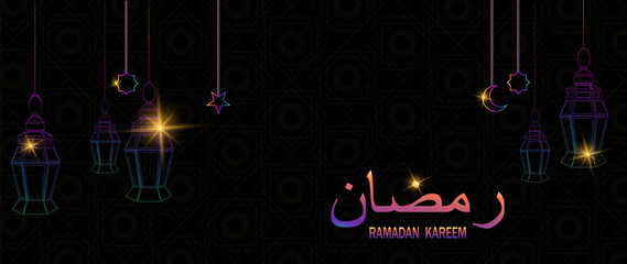 Ramadan beautiful greeting card with hanging lanterns, moon and stars on black background. Lettering translates as Ramadan Kareem. Muslim traditional holiday. Vector.