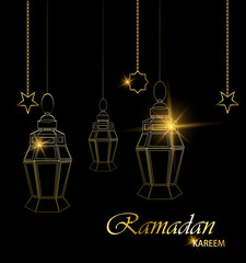 Fototapeta na wymiar Ramadan beautiful greeting card with hanging lanterns, moon and stars on black background. Muslim traditional holiday. Vector.