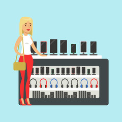 Young blond woman choosing a new mobile phone at appliance store colorful vector Illustration