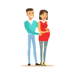 Beautiful young couple expecting baby colorful characters vector Illustration