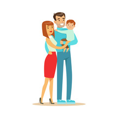 Happy young couple and cute baby boy, father hilding their son colorful characters vector Illustration