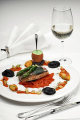 Seabass grilled with asparagus and sauce