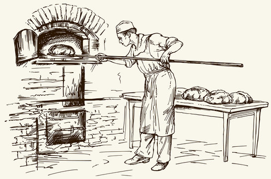 Baker taking out with shovel bread from the oven, vector illustration.