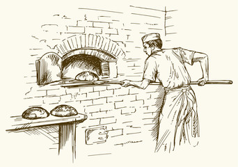 Baker taking out with shovel bread from the oven, vector illustration. - obrazy, fototapety, plakaty