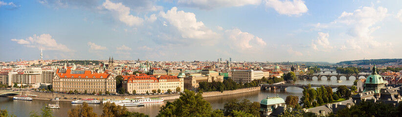 Panoramic view of the historic center of Prague with Charles bridge on Vltava river, the Baroque Saint Nicholas Church, the Gothic Church of Our Lady before Tyn and Zizkov Television Tower