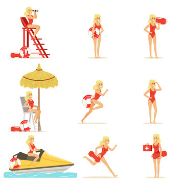 Lifeguard woman character doing his job. Water rescue vector Illustrations