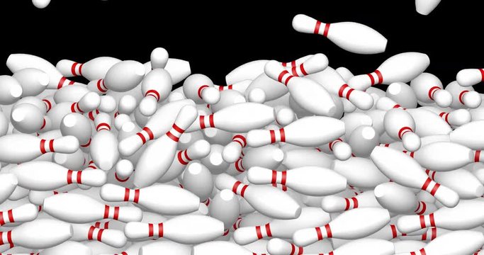 Falling bowling pins / 3D animation of white bowling pins filling screen