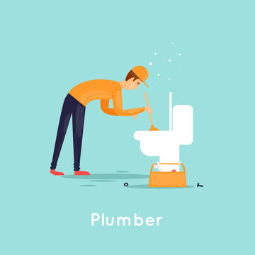 Plumber repair sewer. Flat design vector illustration.