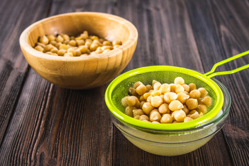 Chickpea liquid water brine draining. Vegan Aquafaba