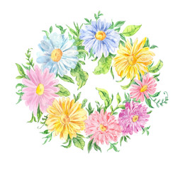Watercolor drawing. Wreath of pink, blue and yellow flowers