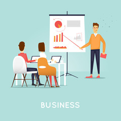 Business characters. Co working people, meeting, teamwork, collaboration and discussion, conference table, brainstorm. Workplace. Office life. Flat design vector illustration.