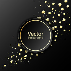 Black paper circle banner with drop shadows on black background template. Splash of sparkling golden paint. Vector illustration