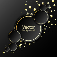 Black paper circle banner with drop shadows on black background template. Splash of sparkling golden paint. Vector illustration
