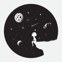 Fototapeta premium Little boy sits on mountain and looks to full Moon