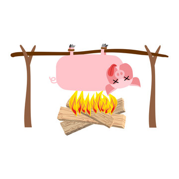 Grilled pig meat on spit. Roasting pork. BBQ piglet