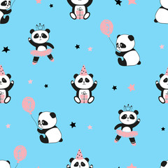 Naklejka premium Seamless cute panda bears pattern. Vector blue background for kids design.
