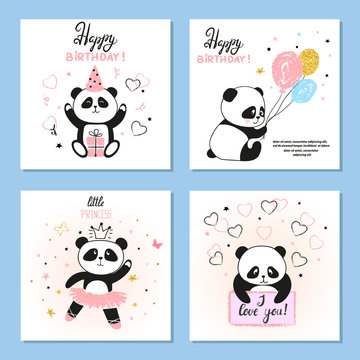 Cute Panda bear vector illustrations. Set of birthday greeting cards, posters, prints.