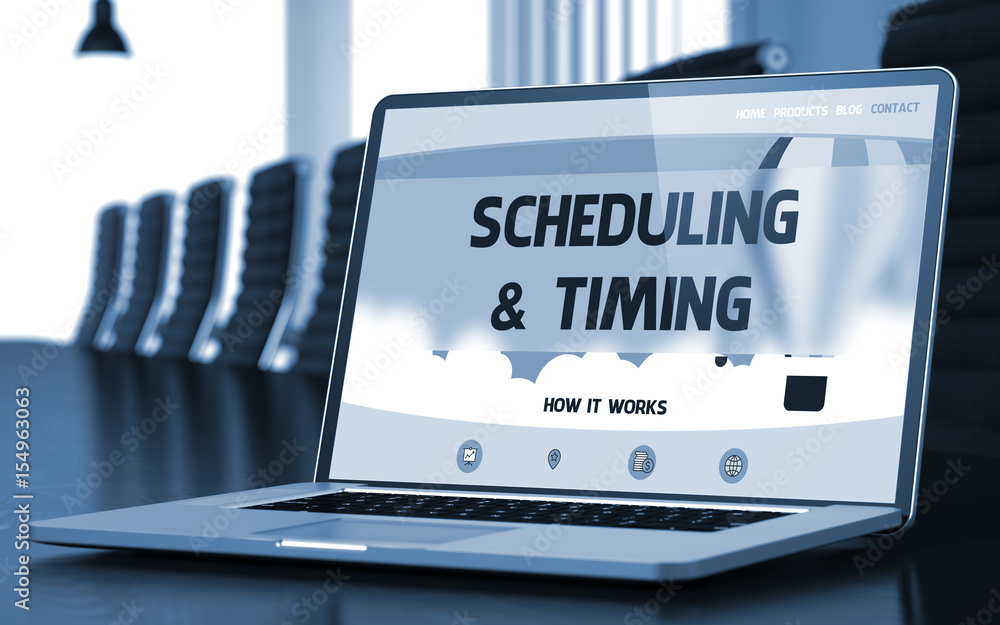 Poster scheduling and timing on landing page of laptop display in modern meeting hall closeup view. blurred