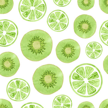 Seamless pattern with green kiwi and lime slices on white.Vector fruit background.