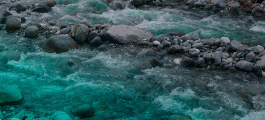 Pine tree forest river flows through the rocks. Beautiful powerful rapid steam of the mountain river flows between pebbles rocks. Nature of Balkanes, Bulgaria.