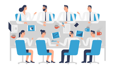 Flat design illustration business people working, meeting in an office.
