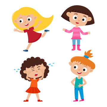 Color vector set of cartoon girls with different emotions isolat