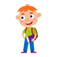 Color vector illustration of pretty red-haired boy stand with bo