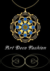 antique expensive art deco filigree brooch in circle composition with blue sapphires, gold jewel, fashion in victorian style