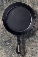 Frying pan on stone surface