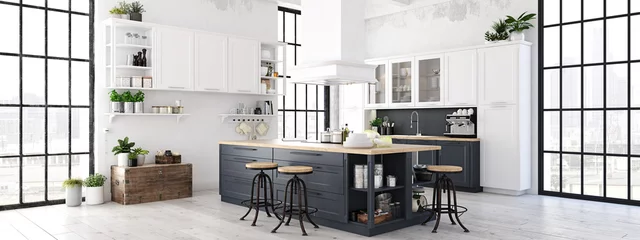 Foto op Plexiglas modern nordic kitchen in loft apartment. 3D rendering © 2mmedia