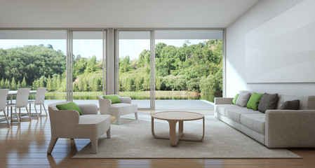 Dining and living room of luxury house with lake view in modern design, Vacation home for big family - Interior 3d rendering