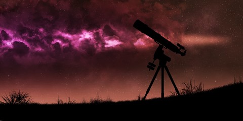 Telescope silhouette and night red bright sky with stars - Telescope space exploration - Night view on sky - Black telescope silhouette