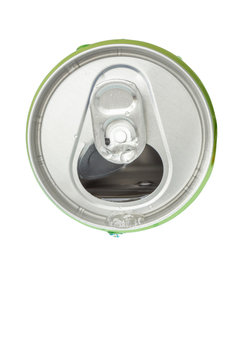 Drops of water soda on the opened aluminum beverage green can, top view.