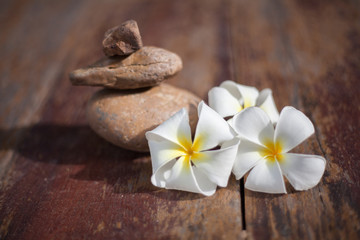 Fototapeta na wymiar Plumeria flowers and stones on wooden boards.