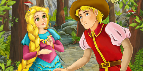 Cartoon happy couple talking in the forest - illustration for children