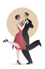 Elegant couple wearing 20's style clothes dancing charleston. Vector Illustration